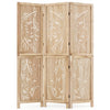 Three-panel wooden room divider with palm leaf design, crafted from lightweight paulownia wood for versatile home use.