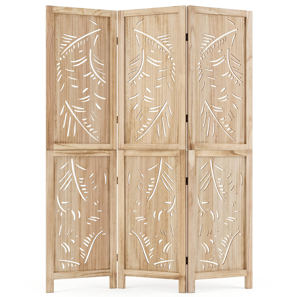Three-panel wooden room divider with palm leaf design, crafted from lightweight paulownia wood for versatile home use.