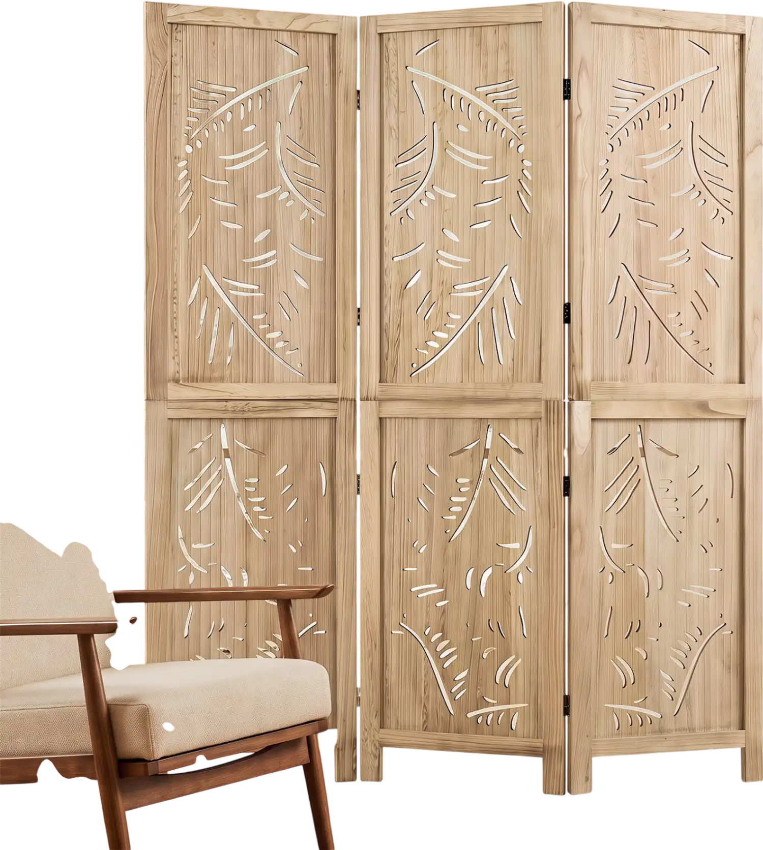Costway 3-Panel Wooden Room Divider Palm Leaf Design Paulownia Frame 72397652 New
