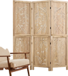 Three-panel wooden room divider with palm leaf design, made of lightweight paulownia wood, perfect for home privacy.