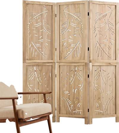 Costway 3-Panel Wooden Room Divider Palm Leaf Design Paulownia Frame 72397652 New