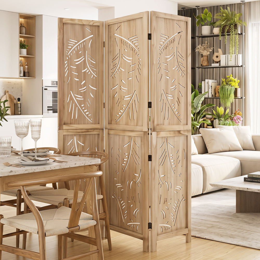 Three-panel wooden room divider with palm leaf design in lightweight paulownia wood, perfect for home privacy and decor.