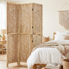 Three-panel wooden room divider with palm leaf design, made of lightweight paulownia wood, ideal for home privacy and decor.