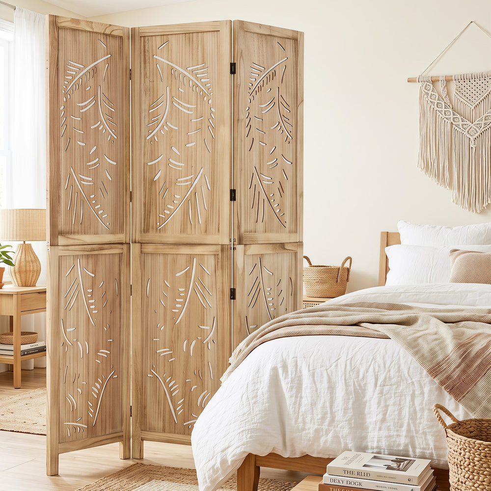 Three-panel wooden room divider with palm leaf design, made of lightweight paulownia wood, ideal for home privacy and decor.