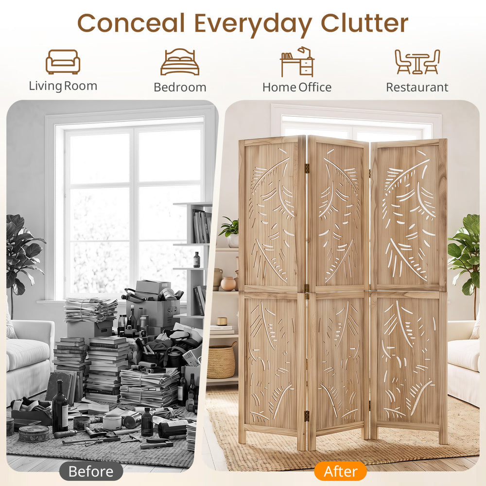 3-panel wooden room divider with palm leaf design, made of lightweight paulownia wood, ideal for creating privacy in any space.