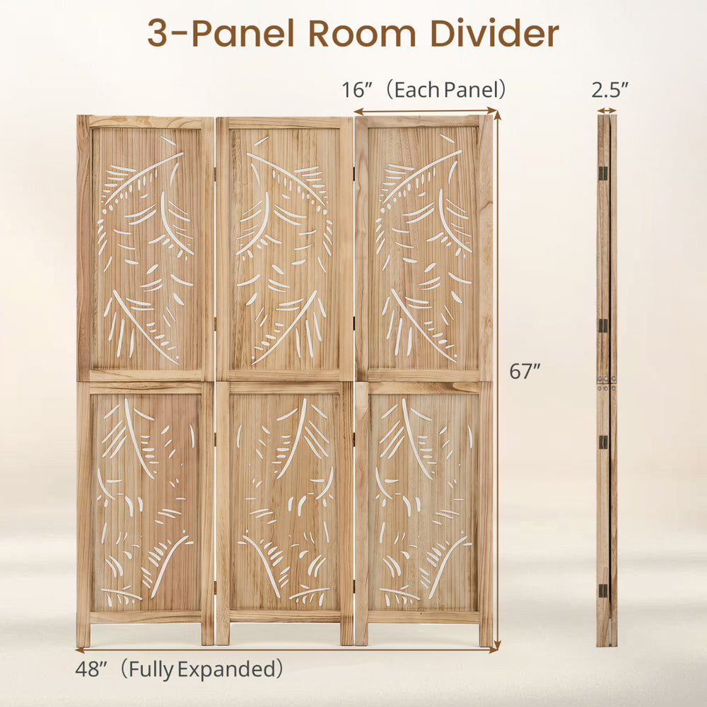 3-panel wooden room divider with palm leaf design, made of lightweight paulownia, perfect for creating privacy in any space.
