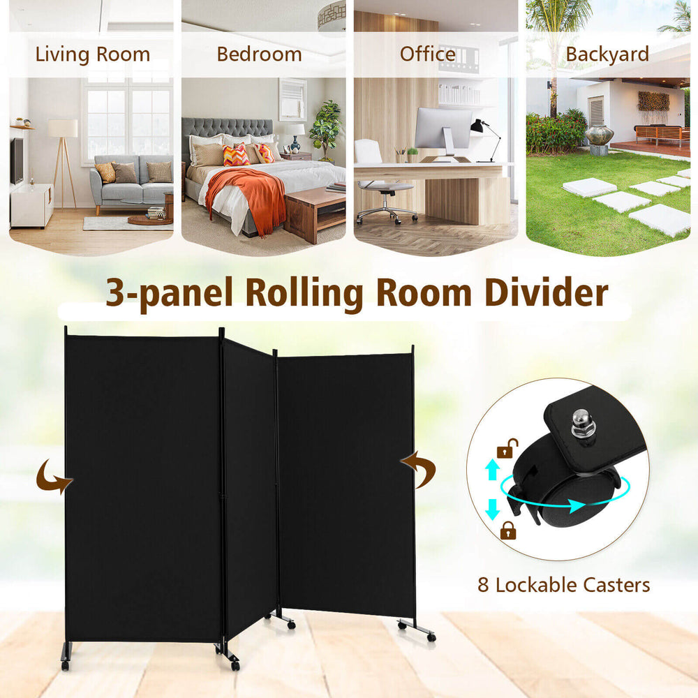 3-panel black room divider with lockable wheels, made of durable polyester, ideal for creating privacy in various.