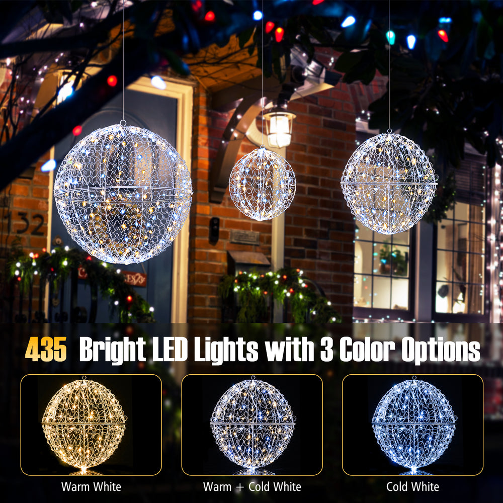 Large lighted Christmas balls with 435 LEDs in warm, cold, and mixed white, perfect for festive outdoor decoration.