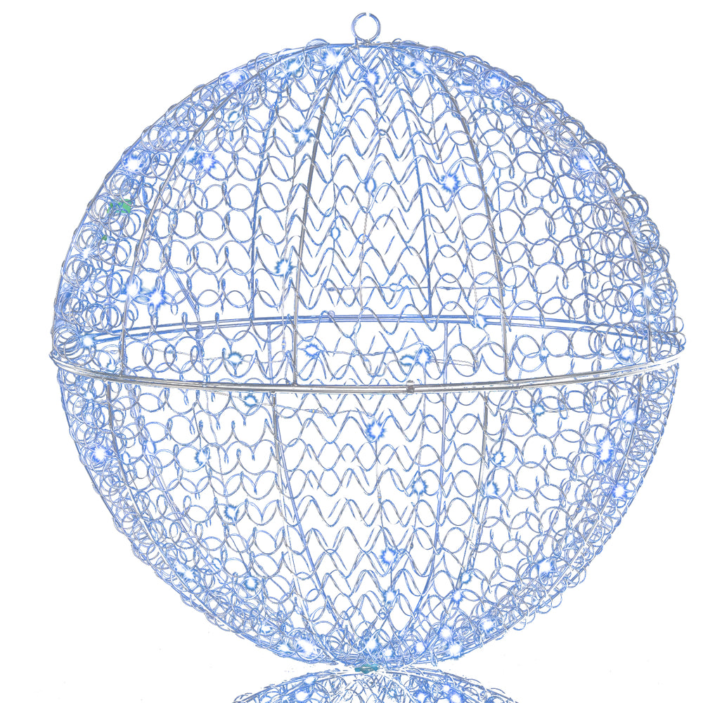 Large lighted metal sphere with 435 LEDs, ideal for outdoor Christmas decor, featuring multiple lighting modes.