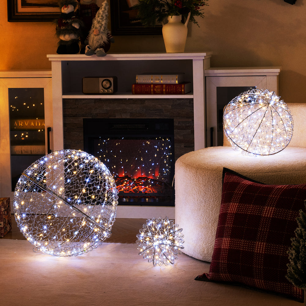 Lighted Christmas balls in three sizes with 435 LEDs, perfect for festive indoor or outdoor holiday decorating.