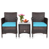 Two blue-cushioned rattan chairs and a tempered glass table in a 3-piece outdoor furniture set for patio relaxation.