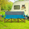 Three-person folding camping chair in blue with cotton padding, cup holders, and storage bag, ideal for outdoor.
