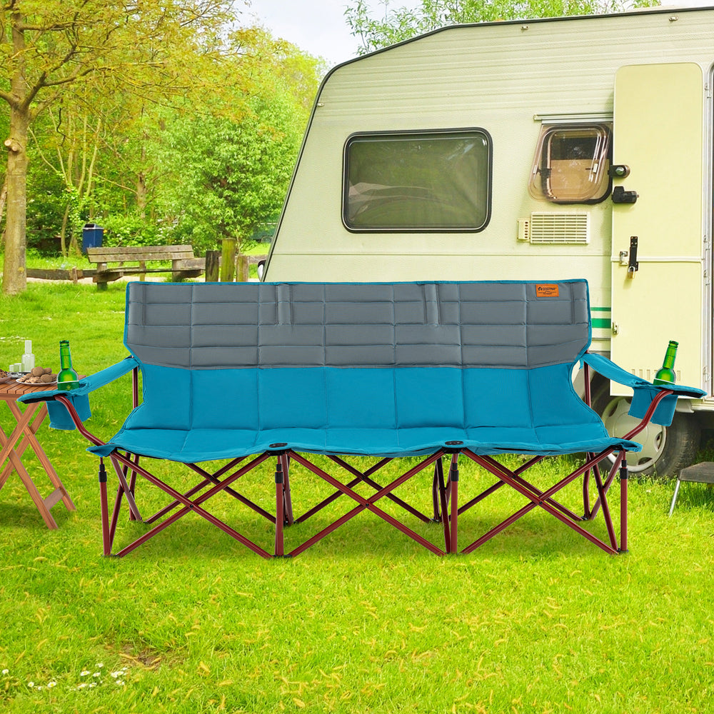 3 Person Folding Camping Chair with 2 Cup Holders Cotton Padding & Storage Bag-Blue - Gallery View 1 of 9