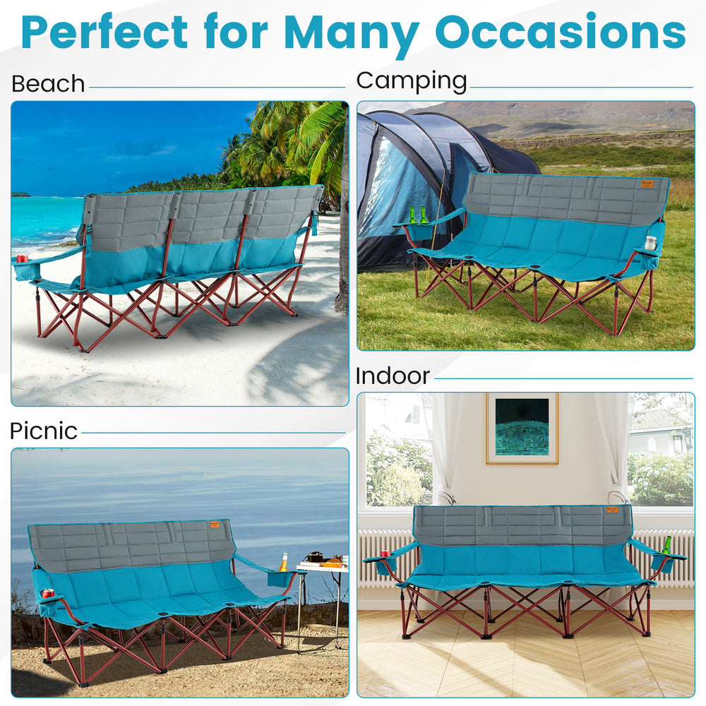 3-person folding camping chair in blue with reinforced metal tubes and adjustable armrests, perfect for picnics and.
