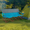 Three-person folding camping chair in blue with cotton padding and two cup holders, ideal for outdoor activities.