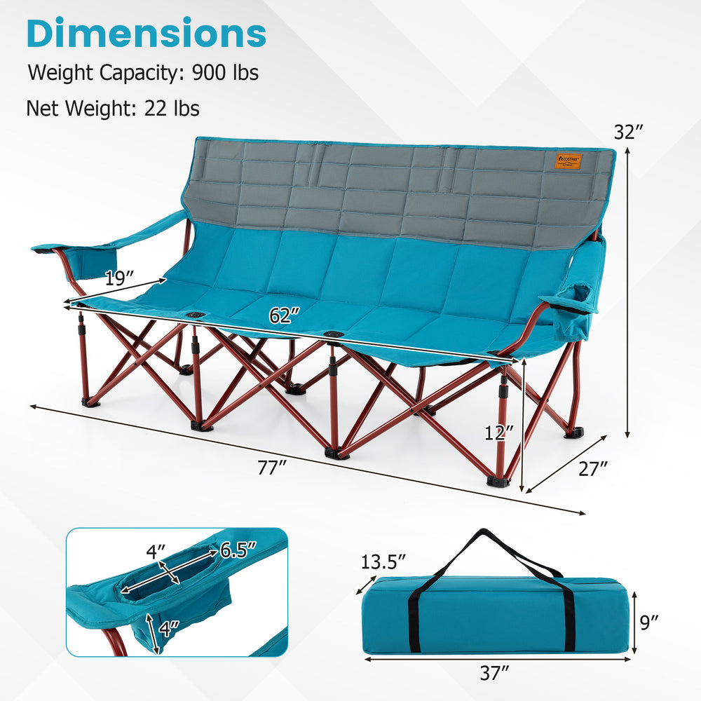 3-person folding camping chair in blue with cotton padding, 2 cup holders, and storage bag, ideal for outdoor.