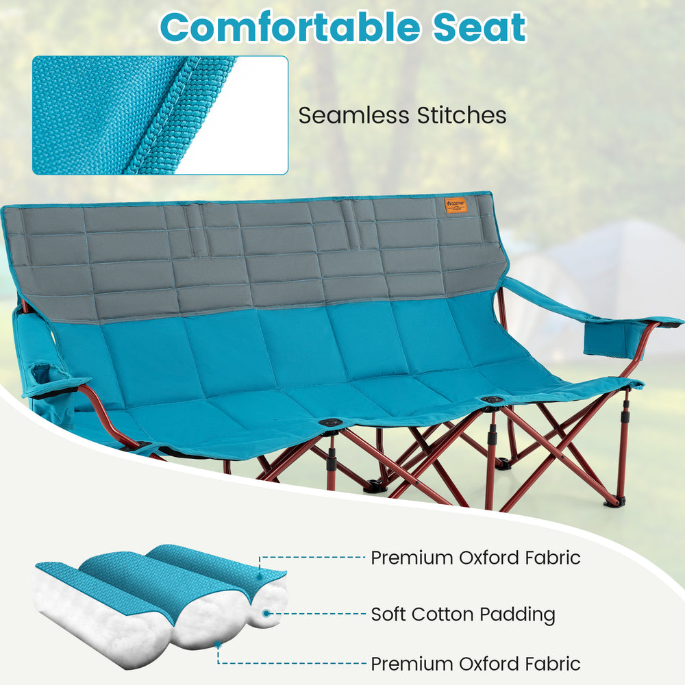 Three-person folding camping chair in blue with cotton padding, two cup holders, and storage bag for outdoor activities.