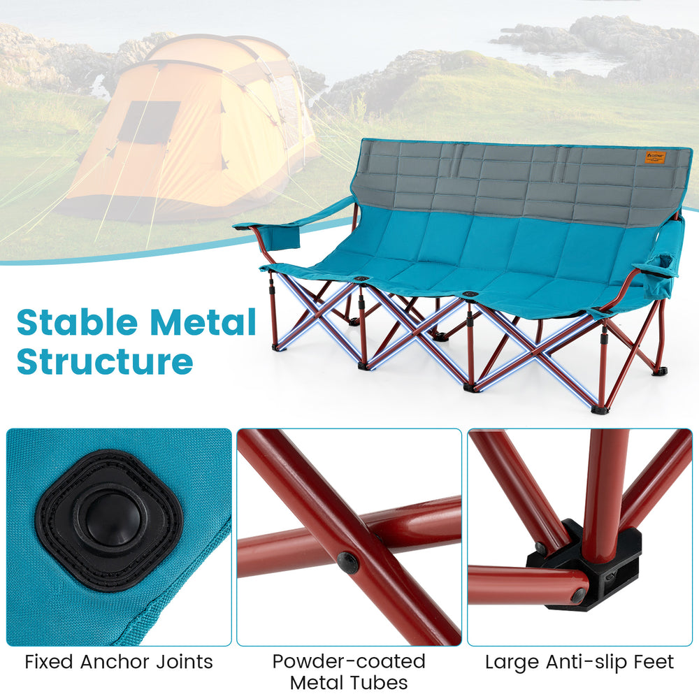 Three-person folding camping chair in blue with cotton padding, cup holders, and stable metal structure for outdoor use.