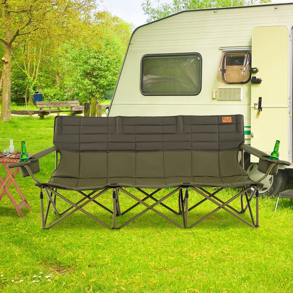 3 Person Folding Camping Chair with 2 Cup Holders Cotton Padding & Storage Bag-Green - Gallery View 1 of 9