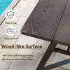 Wood-like surface detail of a 3-person outdoor bench set, featuring rustproof zinc-iron alloy for patio use.