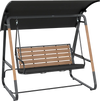 Three-person outdoor swing with adjustable black canopy and slatted back for ventilation, perfect for backyard relaxation.