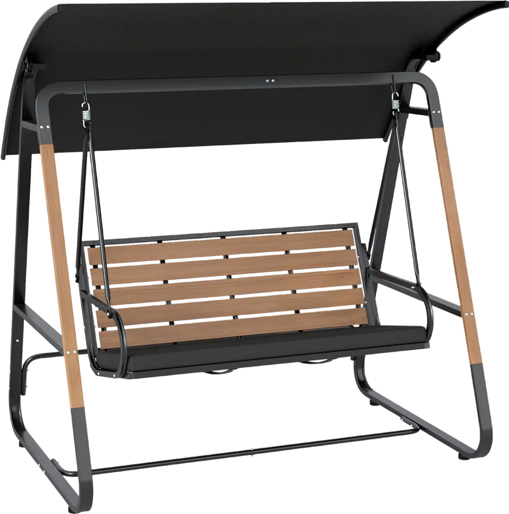Three-person outdoor swing with adjustable black canopy and slatted back for ventilation, perfect for backyard relaxation.