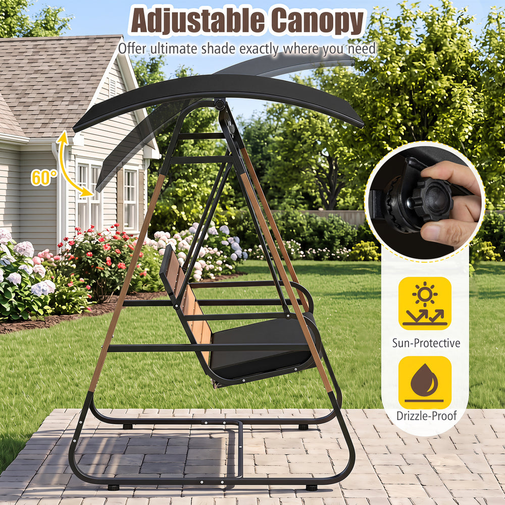 3-person outdoor swing with adjustable black canopy, sun-protective fabric, and removable cushion for comfort and stability.