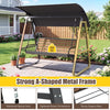 Three-person outdoor swing with adjustable black canopy and strong A-shaped metal frame for versatile backyard use.