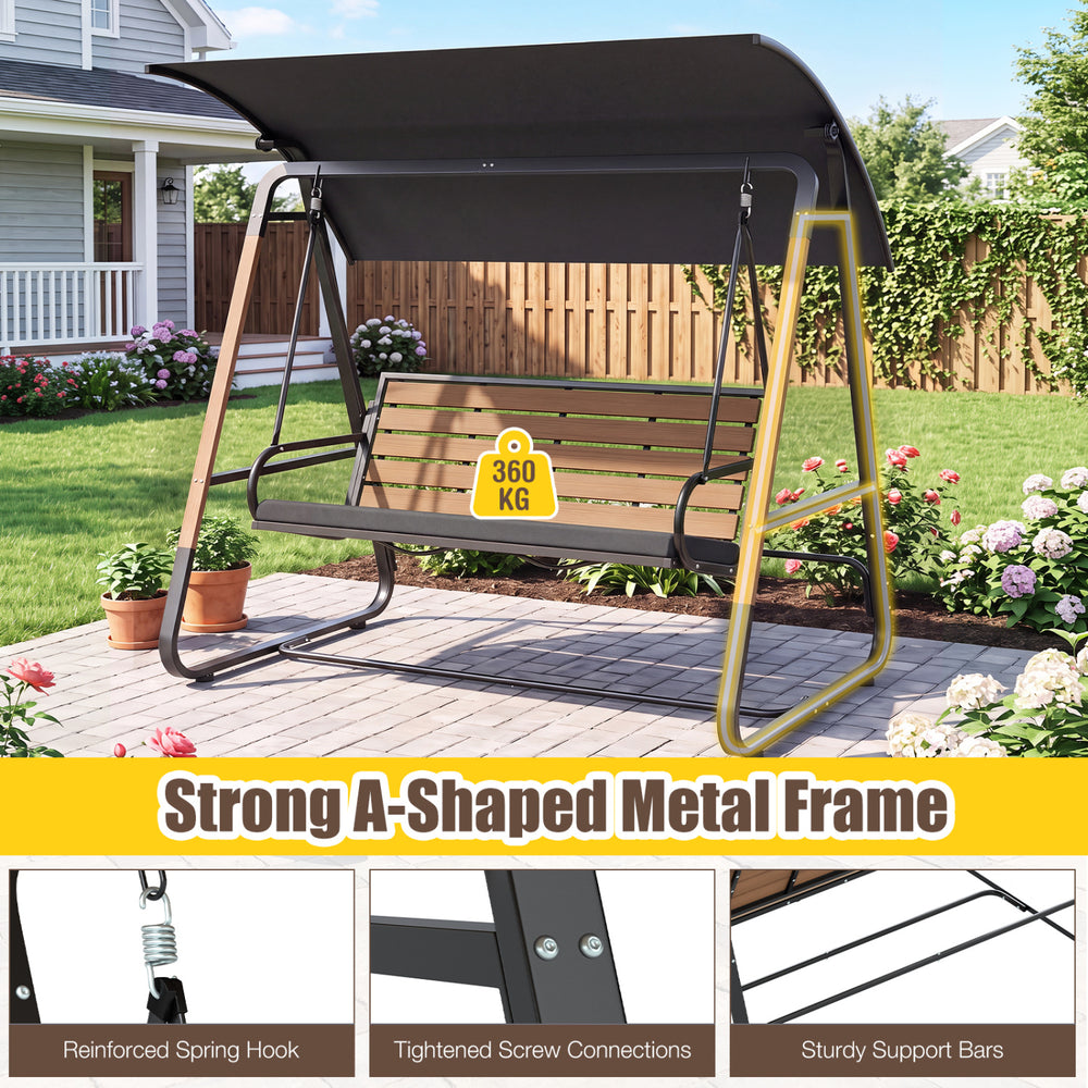 Three-person outdoor swing with adjustable black canopy and strong A-shaped metal frame for versatile backyard use.