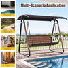 Three-person outdoor swing with adjustable black canopy, removable cushion, and sturdy metal frame for versatile use.