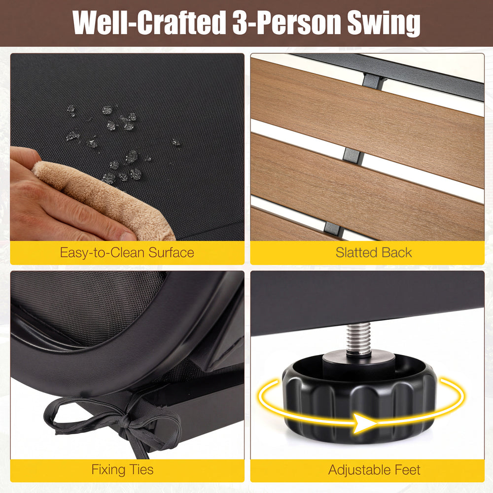 Close-up of the adjustable feet of a 3-person porch swing with a black frame, designed for stable positioning outdoors.