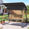 Three-person outdoor swing with adjustable black canopy, slatted back, and removable cushion for versatile backyard lounging.