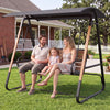 Three-person outdoor swing with adjustable black canopy and removable cushion, perfect for relaxing on the porch or balcony.