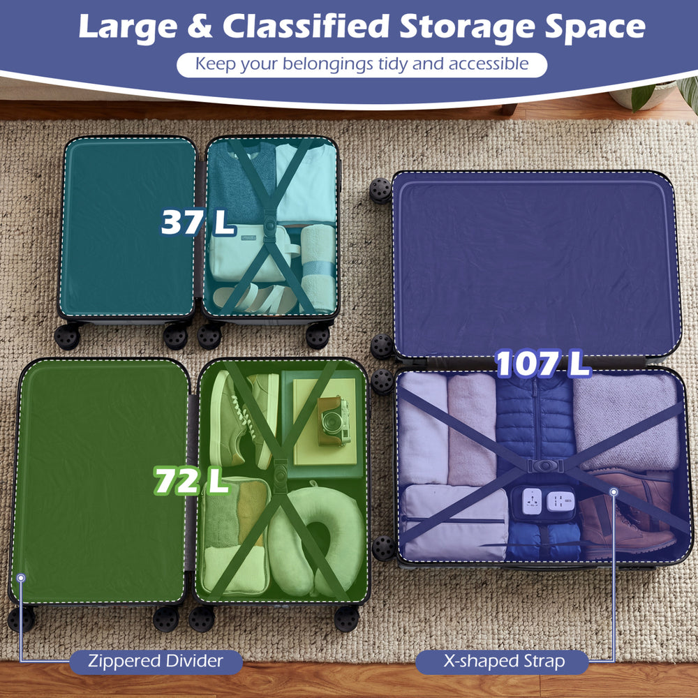 Three-piece lightweight hardside luggage set in gray with 360° spinner wheels and multiple compartments for organized.