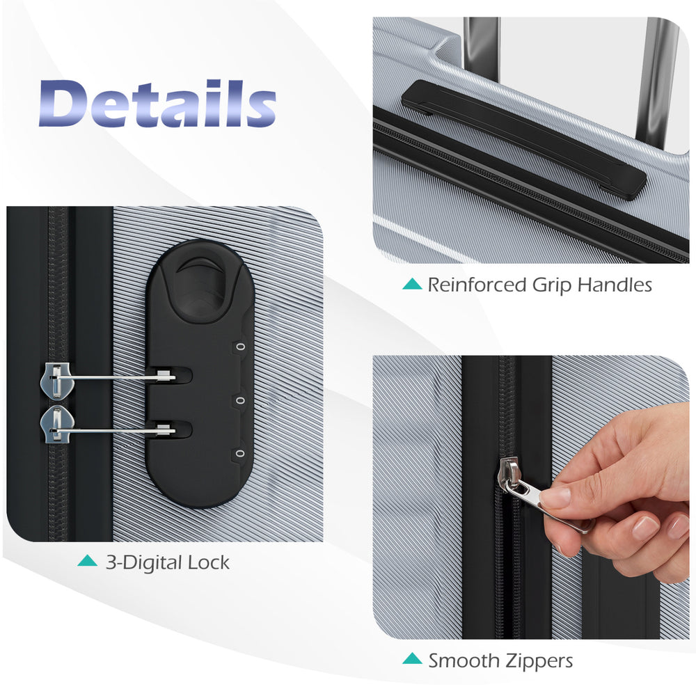 Reinforced grip handles and smooth zippers of the 3-piece lightweight hardside luggage set for secure travel.