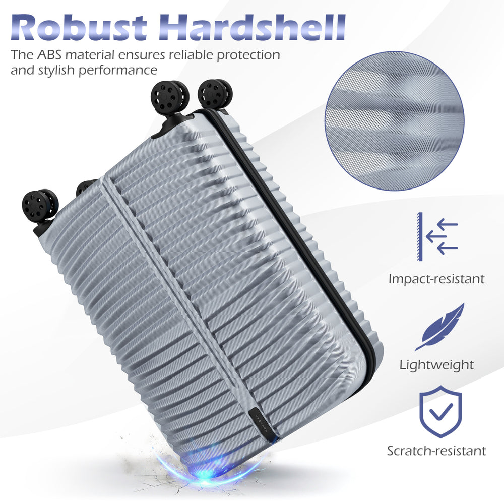 Lightweight gray hardside luggage set with 8-spinner wheels, featuring scratch-resistant ABS material for reliable.