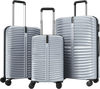 Three-piece gray hardside luggage set with 8-spinner wheels, featuring nesting design and durable ABS material for.