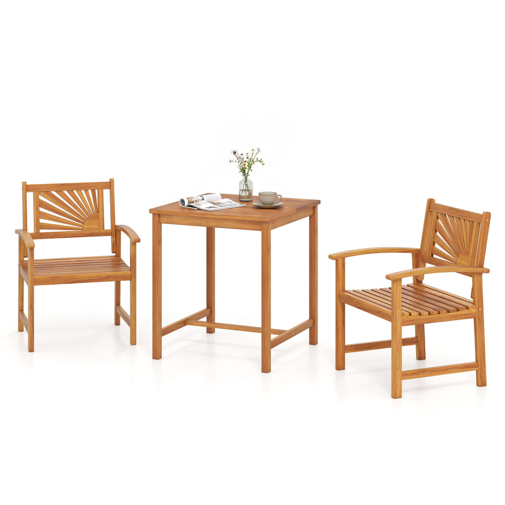 3-piece acacia wood patio dining set featuring ergonomic chairs and a slatted table, perfect for indoor or outdoor use.