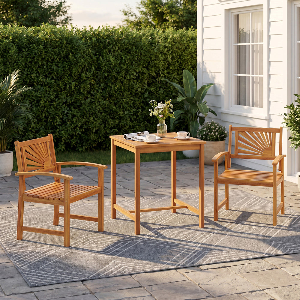 3-piece natural acacia wood patio dining set featuring ergonomic chairs and a slatted table for outdoor comfort.