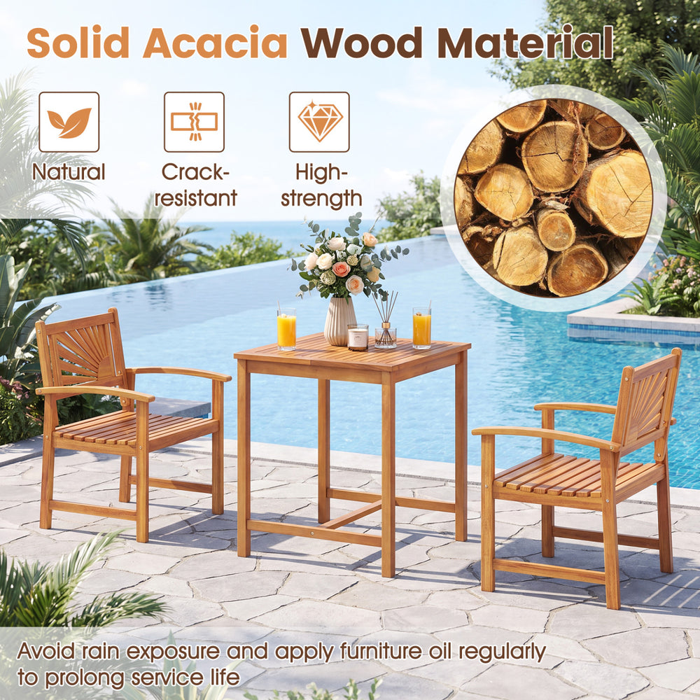 3-piece natural acacia wood patio dining set featuring ergonomic chairs and a slatted table for indoor and outdoor use.