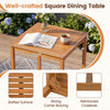 Well-crafted square dining table made of solid Acacia wood with a slatted surface for easy maintenance and stability.