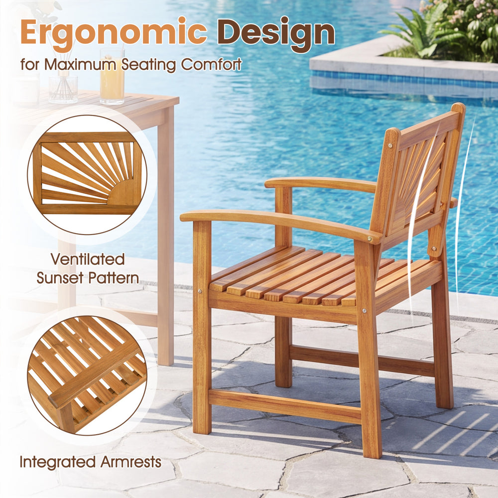 Acacia wood dining chair features ergonomic design, integrated armrests, and a ventilated sunset pattern for comfort.