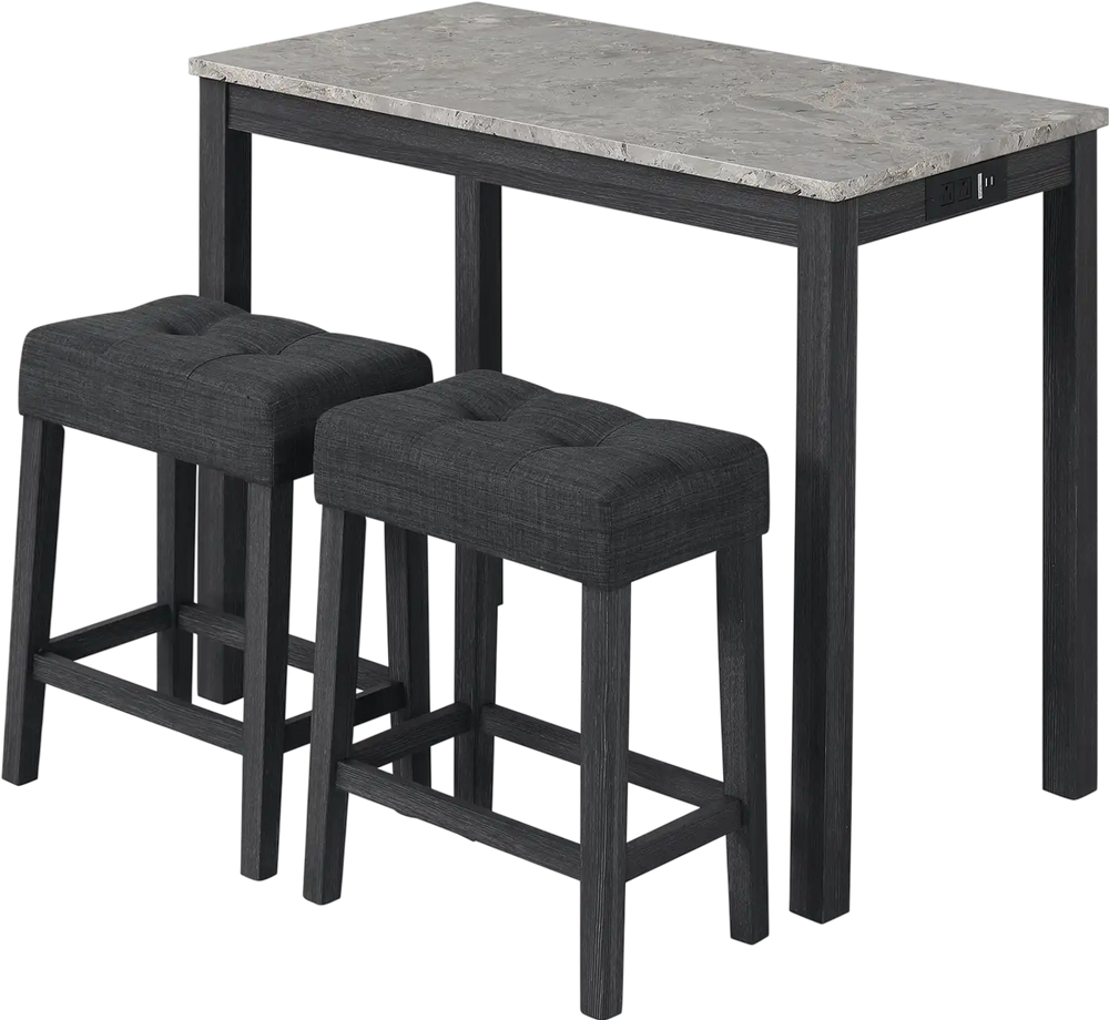3-piece bar table set featuring a faux marble top, two upholstered stools, and a side charging station for convenience.