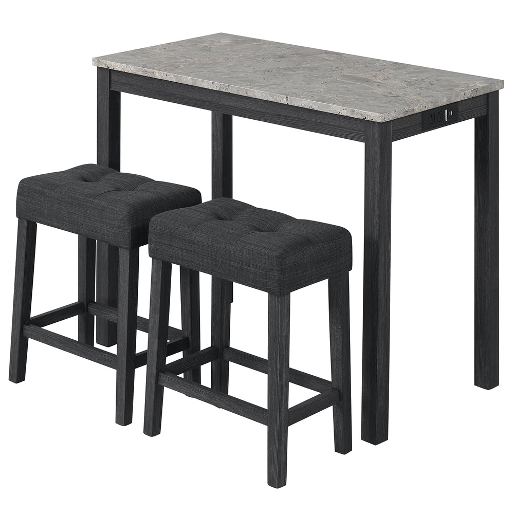 3-Piece Bar Table Set with Charging Station and Faux Marble Top-Gray - Gallery View 1 of 1