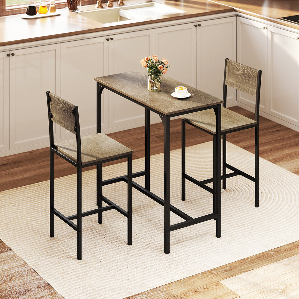 3-piece gray bar table set with backrest and footrest, perfect for small spaces in dining rooms or kitchens.