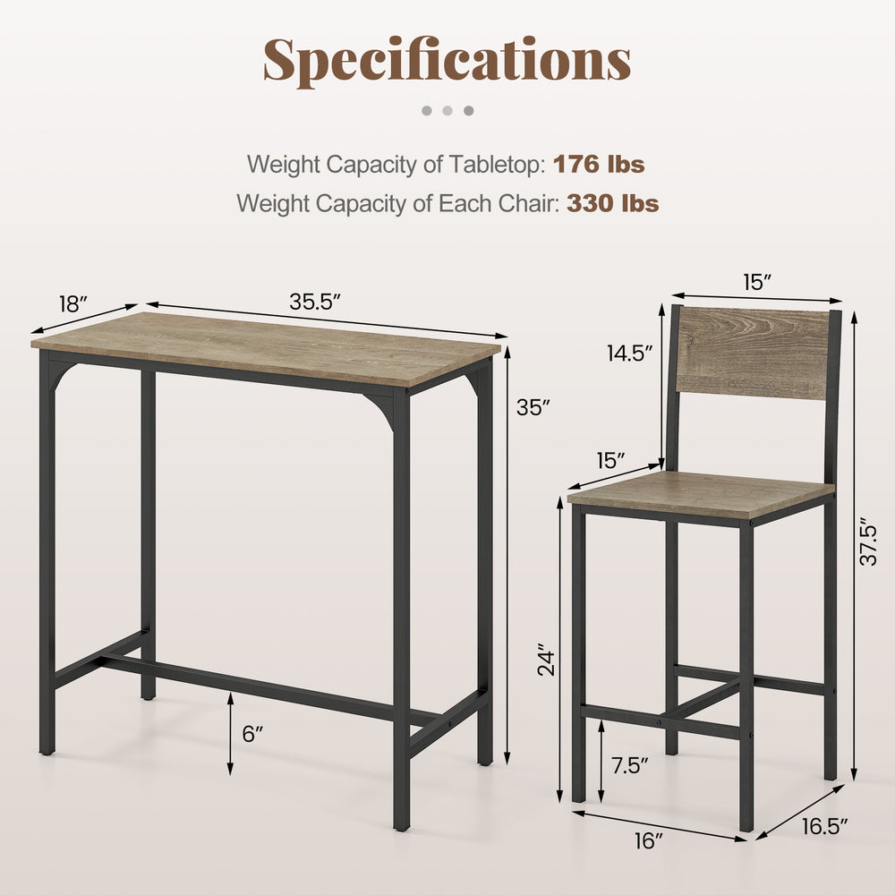 3-piece gray bar table set with backrest and footrest, featuring a reinforced metal structure for small spaces.