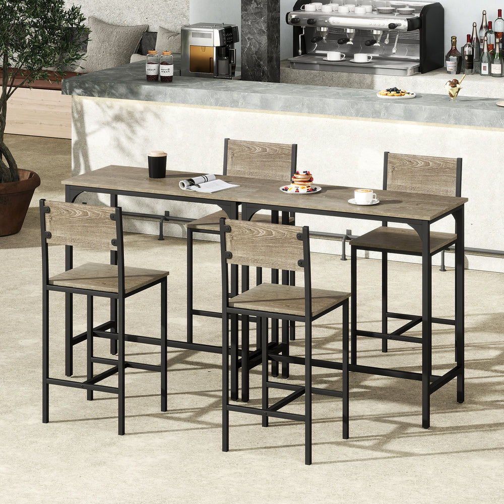 3-piece gray bar table set with backrests and footrests, ideal for small spaces in dining rooms or kitchens.