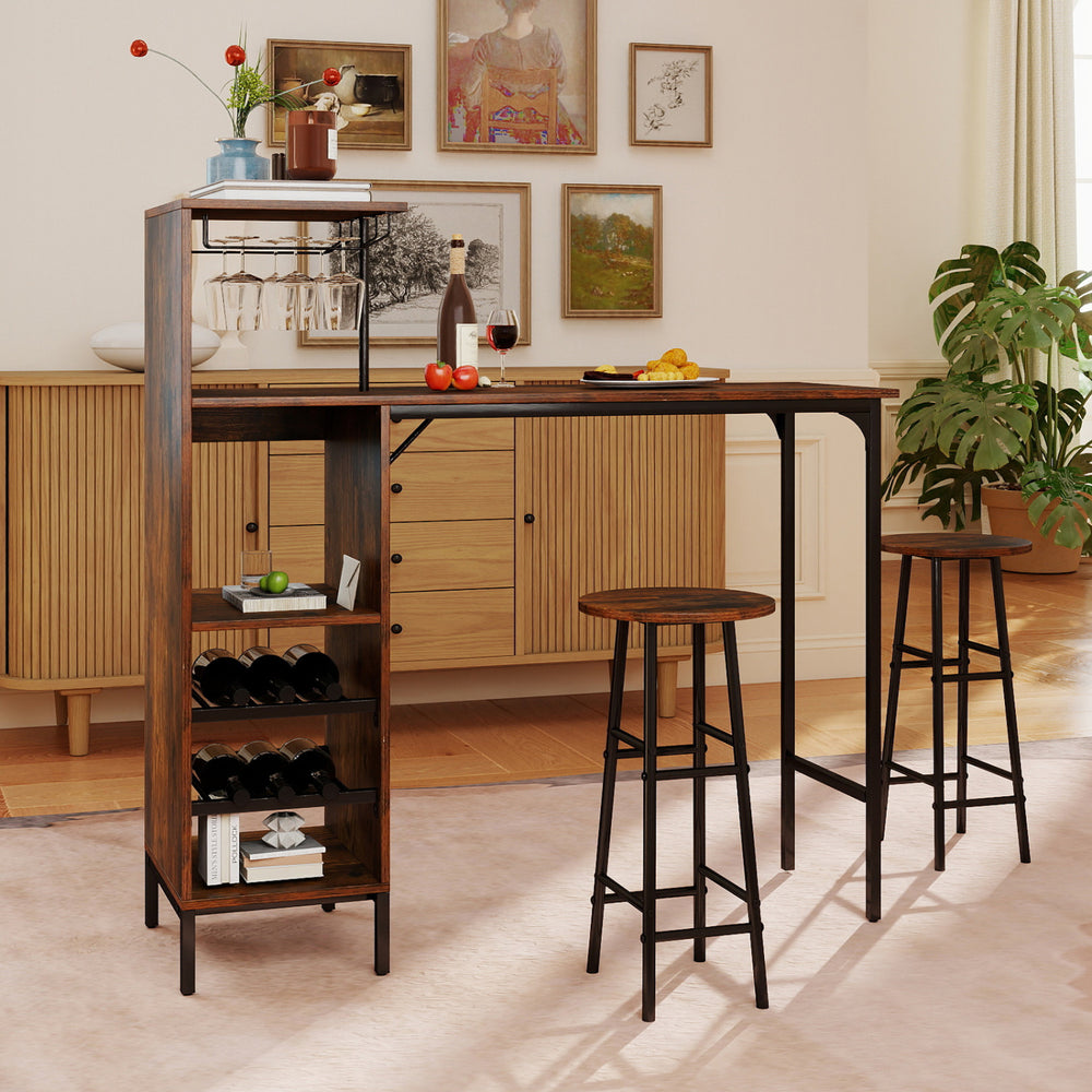 3 Piece Bar Table and Chairs Set with 6-Bottle Wine Rack-Rustic Brown - Gallery View 1 of 11