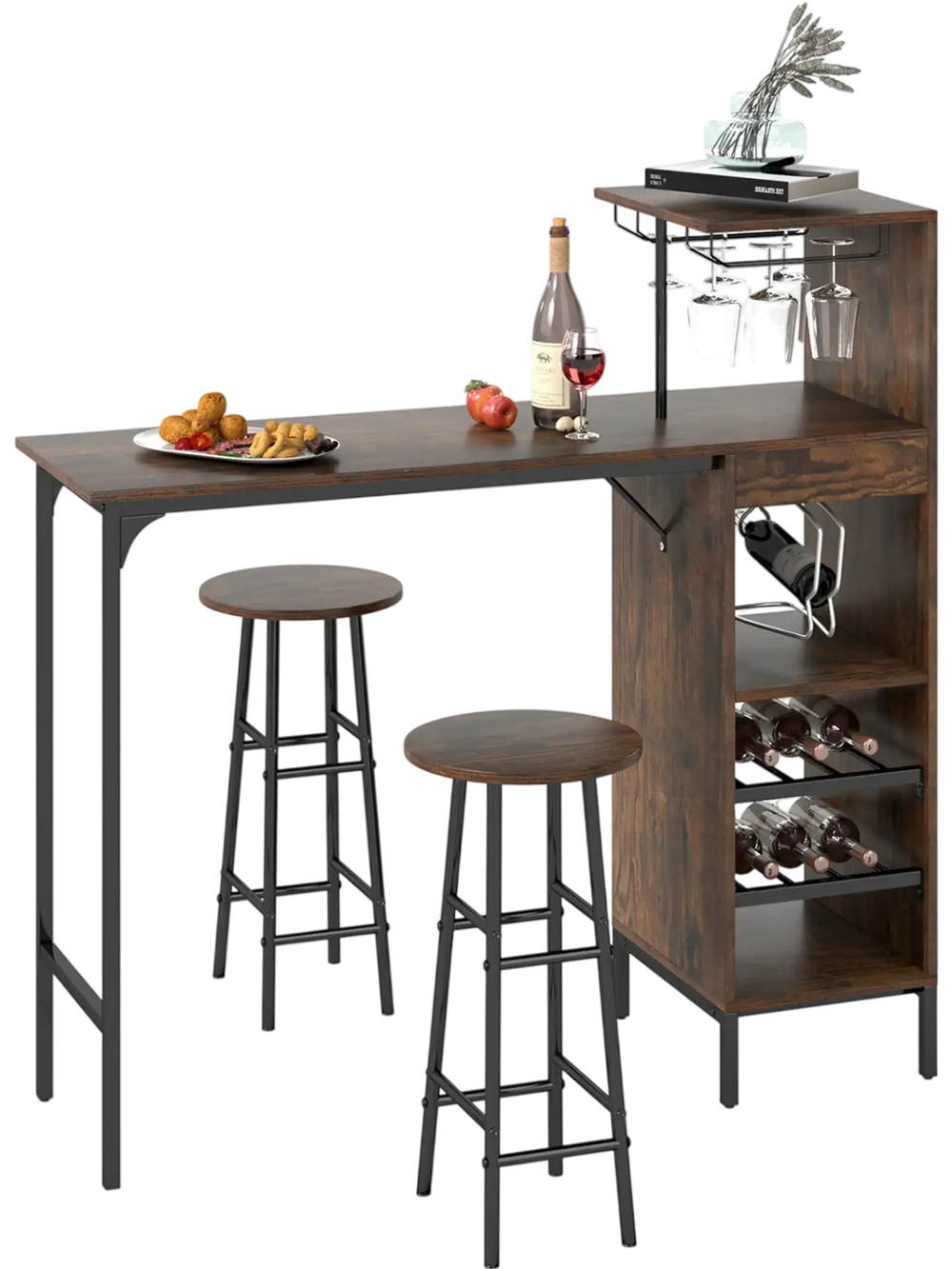 3-piece bar table set in rustic brown with wine rack, glass holders, and sturdy metal frame for space-saving dining.