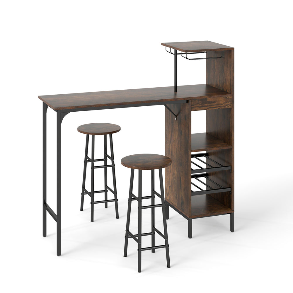 3-piece bar table set in rustic brown with wine rack, stools, and spacious tabletop for dining or working.